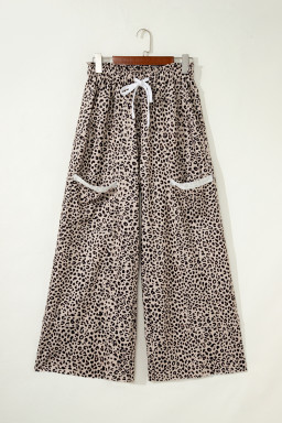 Khaki Animal Print Wide Leg Terry Knit Pants