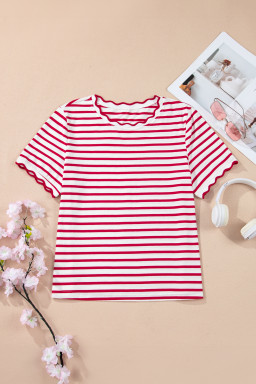 Red Stripe Scalloped Trim Round Neck T Shirt