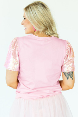 Light Pink Three Sweet Hearts Printed Sequin Trim Contrast Sleeve Patchwork Tee