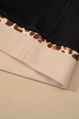 Black Contrast Color Block Leopard Trim Plus Size Ribbed Dress