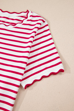 Red Stripe Scalloped Trim Round Neck T Shirt