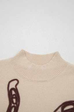 Parchment Corded Horseshoes Ribbed Trim Mock Neck Short Sleeve Sweater