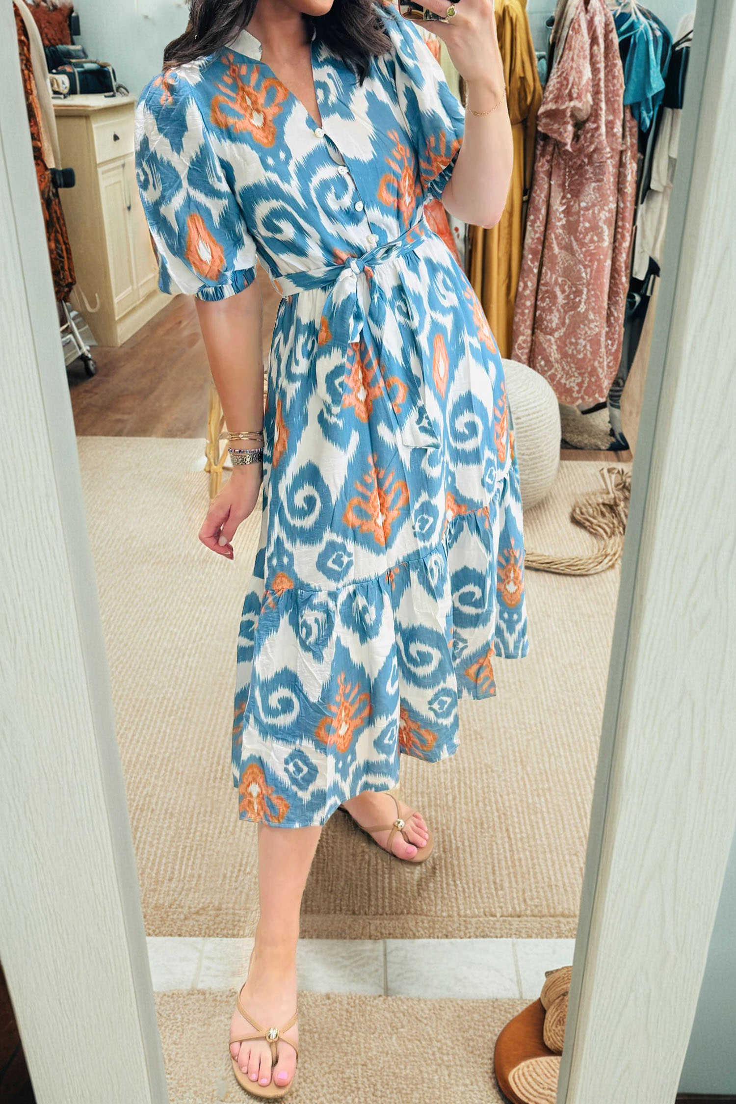 Sky Blue Boho Floral Print Short Puff Sleeve Button Down Ruffle Hem Midi Dress