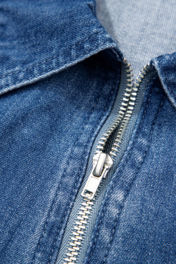 Blue Zip up Collared Short Sleeve Shift Mini Denim Dress