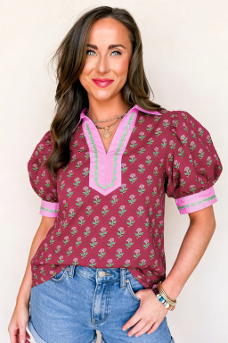 Red Contrast Collared V Neck Ricrac Trim Short Puff Sleeve Flower Blouse