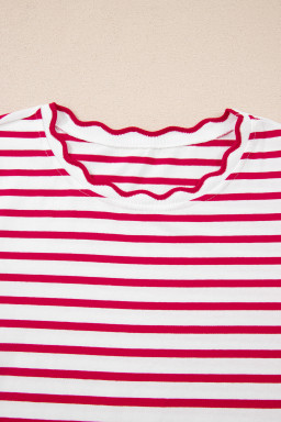 Red Stripe Scalloped Trim Round Neck T Shirt