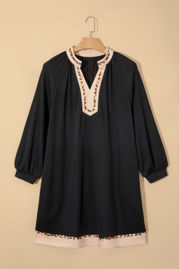 Black Contrast Color Block Leopard Trim Plus Size Ribbed Dress