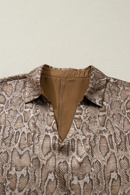 Brown Polo Collared V Neck Short Sleeve Metallic Leopard Blouse