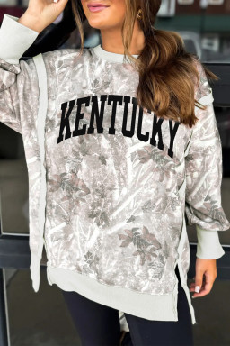 Gray KENTUCKY Raw Seam Detail Leafy Camouflage Baggy Sweatshirt