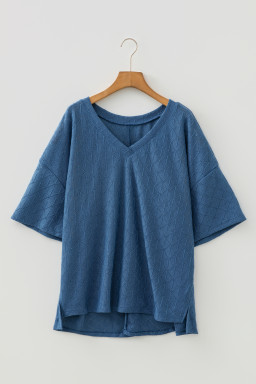 Sky Blue Pointelle Rhombus Knit Plus Size V Neck Loose Top