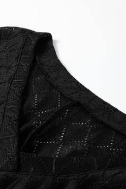 Black Pointelle Rhombus Knit Plus Size V Neck Loose Top