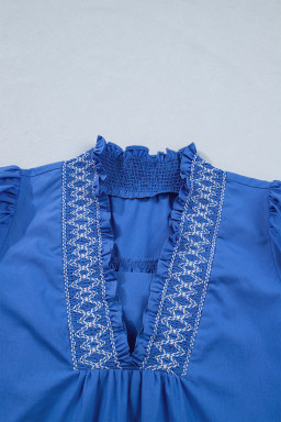 Sky Blue Embroidered Smocked Detail V Neck Short Puff Sleeve Mini Dress