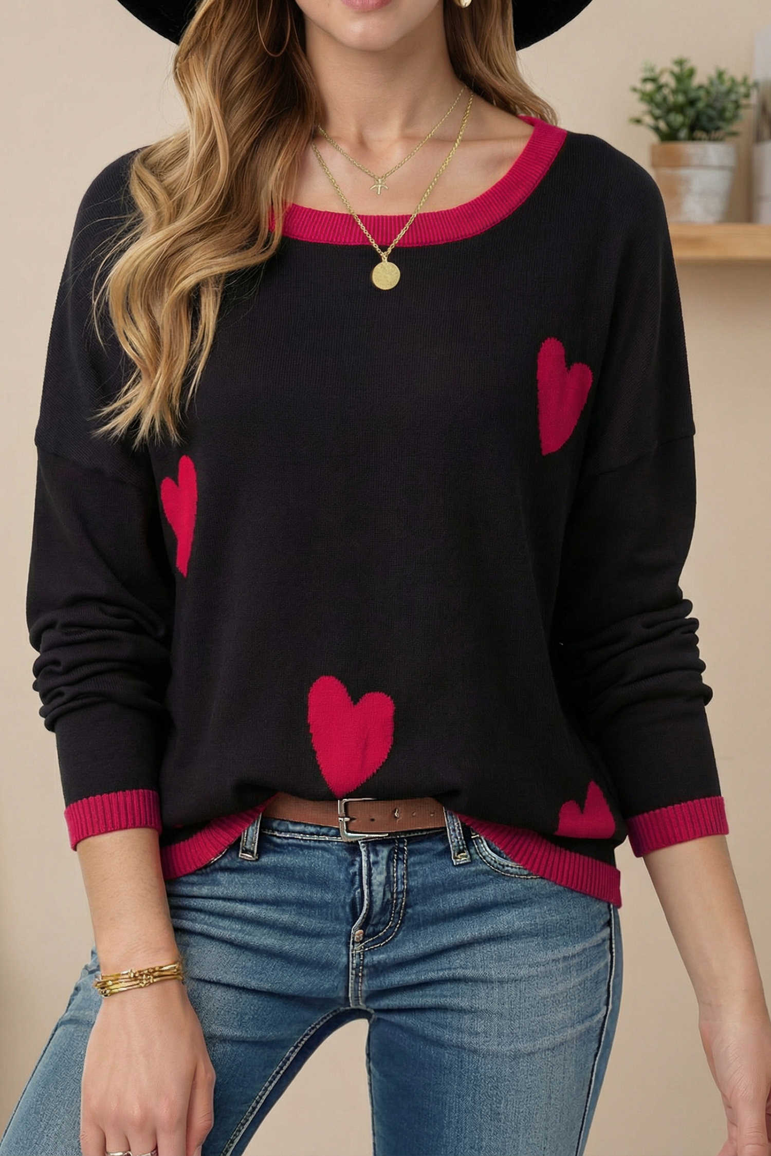 Black white Heart Print Contrast Trim Drop Shoulder Sweater