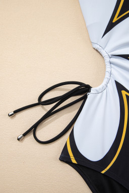 Black Drawstring Big Hole Floral Print Sleeveless One Piece Swimsuit