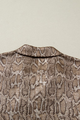 Brown Polo Collared V Neck Short Sleeve Metallic Leopard Blouse