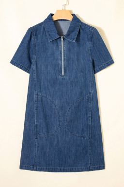 Blue Zip up Collared Short Sleeve Shift Mini Denim Dress