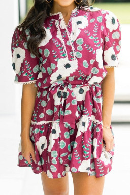 Red Floral Print Trimmed Short Puff Sleeve Mini Dress with Belt