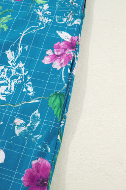 Blue Floral Flutter Sleeve Button Tie Split Neck Belted Long Dress