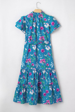 Blue Floral Flutter Sleeve Button Tie Split Neck Belted Long Dress