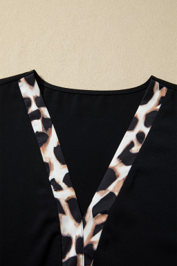 Black Plus Size Leopard Patchwork V Neck 3/4 Sleeve Ruffle Hem Mini Dress