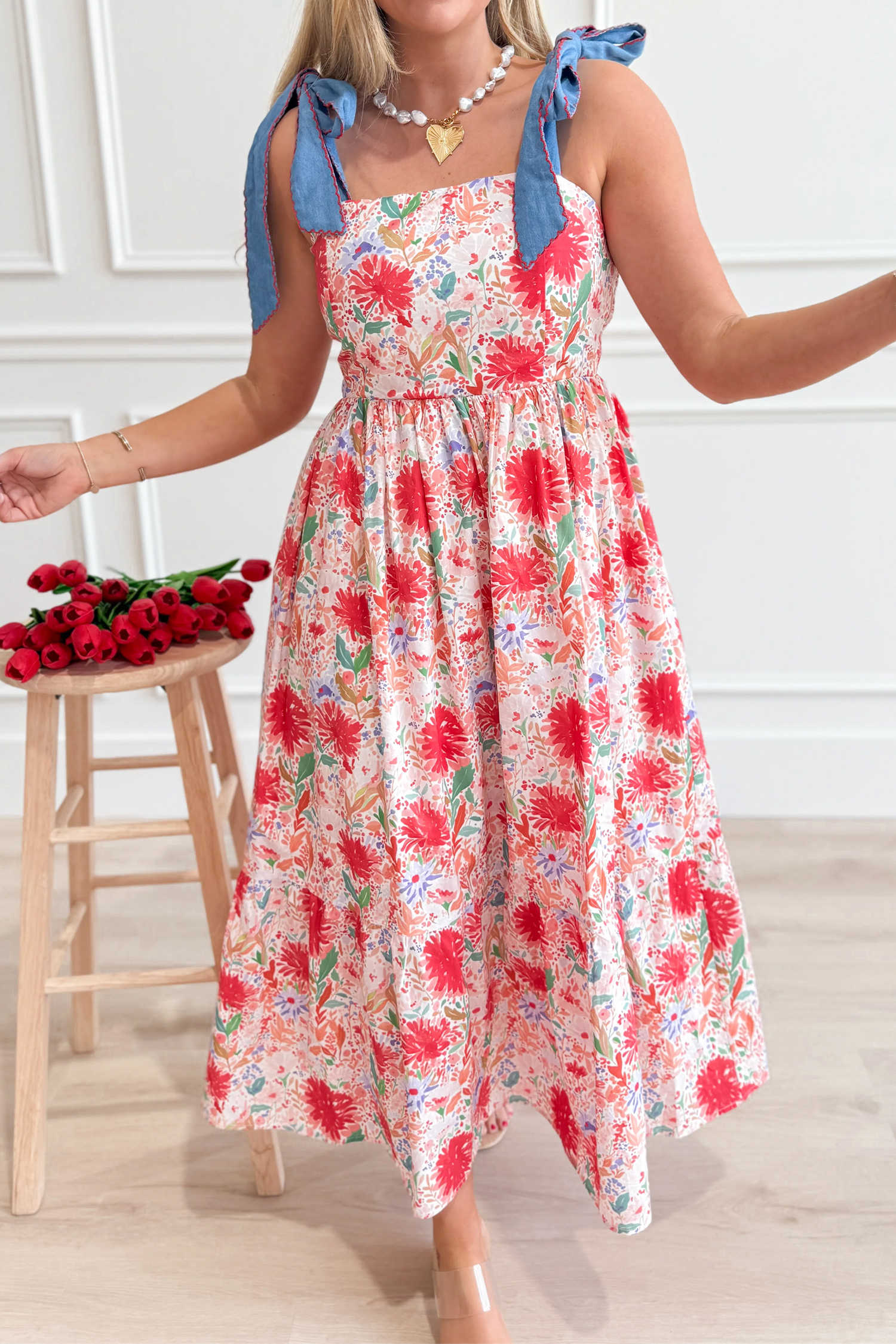 Red Floral Print Contrast Stitched Knot Denim Straps High Waist Maxi Dress