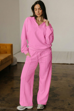 Bright Pink Polo Collar V Neck Pullover and Drawstring Sweatpants Set