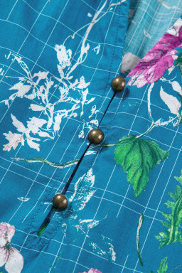 Blue Floral Flutter Sleeve Button Tie Split Neck Belted Long Dress