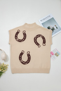 Parchment Corded Horseshoes Ribbed Trim Mock Neck Short Sleeve Sweater