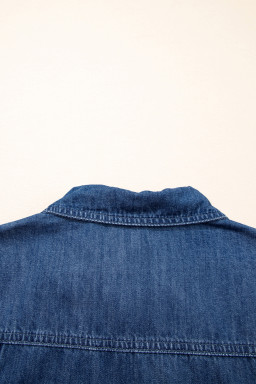 Blue Zip up Collared Short Sleeve Shift Mini Denim Dress