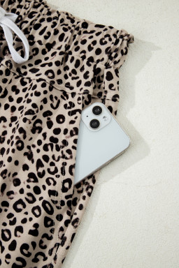 Khaki Animal Print Wide Leg Terry Knit Pants