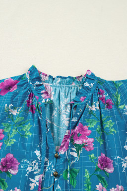 Blue Floral Flutter Sleeve Button Tie Split Neck Belted Long Dress