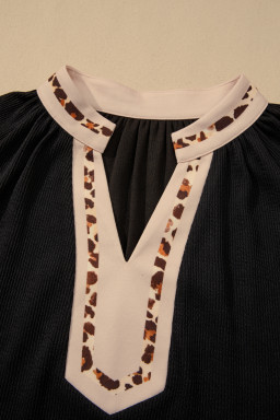 Black Contrast Color Block Leopard Trim Plus Size Ribbed Dress