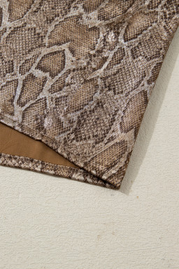 Brown Polo Collared V Neck Short Sleeve Metallic Leopard Blouse