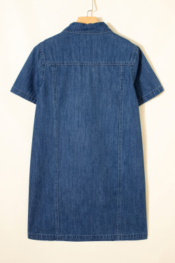 Blue Zip up Collared Short Sleeve Shift Mini Denim Dress