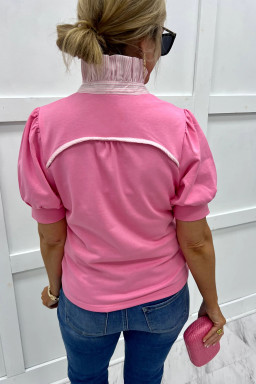 Sachet Pink Striped Frilled Collar Short Sleeve Blouse