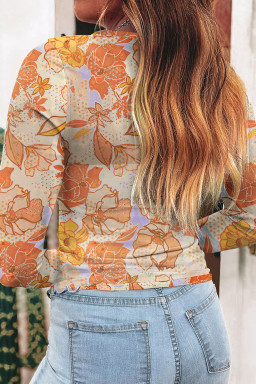 Multicolour Floral Print Lettuce Trim Slim Long Sleeve Top