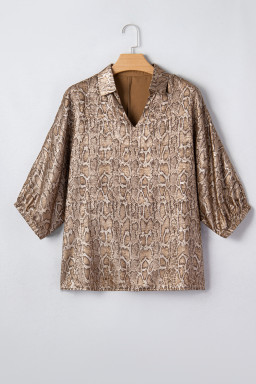 Brown Polo Collared V Neck Short Sleeve Metallic Leopard Blouse