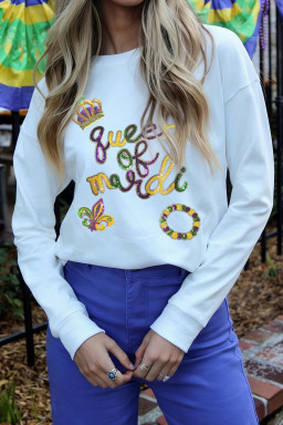 White Queen of Mardi Sequin Carnival Long Sleeve Tee