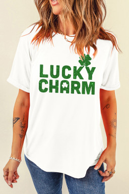 White LUCKY CHARM Shimmery Print St Patricks Day Clover T Shirt