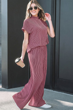 Burgundy Twisted Ribbed High Neck Loose Tee Elastic High Waist Loose Pant Set