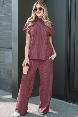 Burgundy Twisted Ribbed High Neck Loose Tee Elastic High Waist Loose Pant Set
