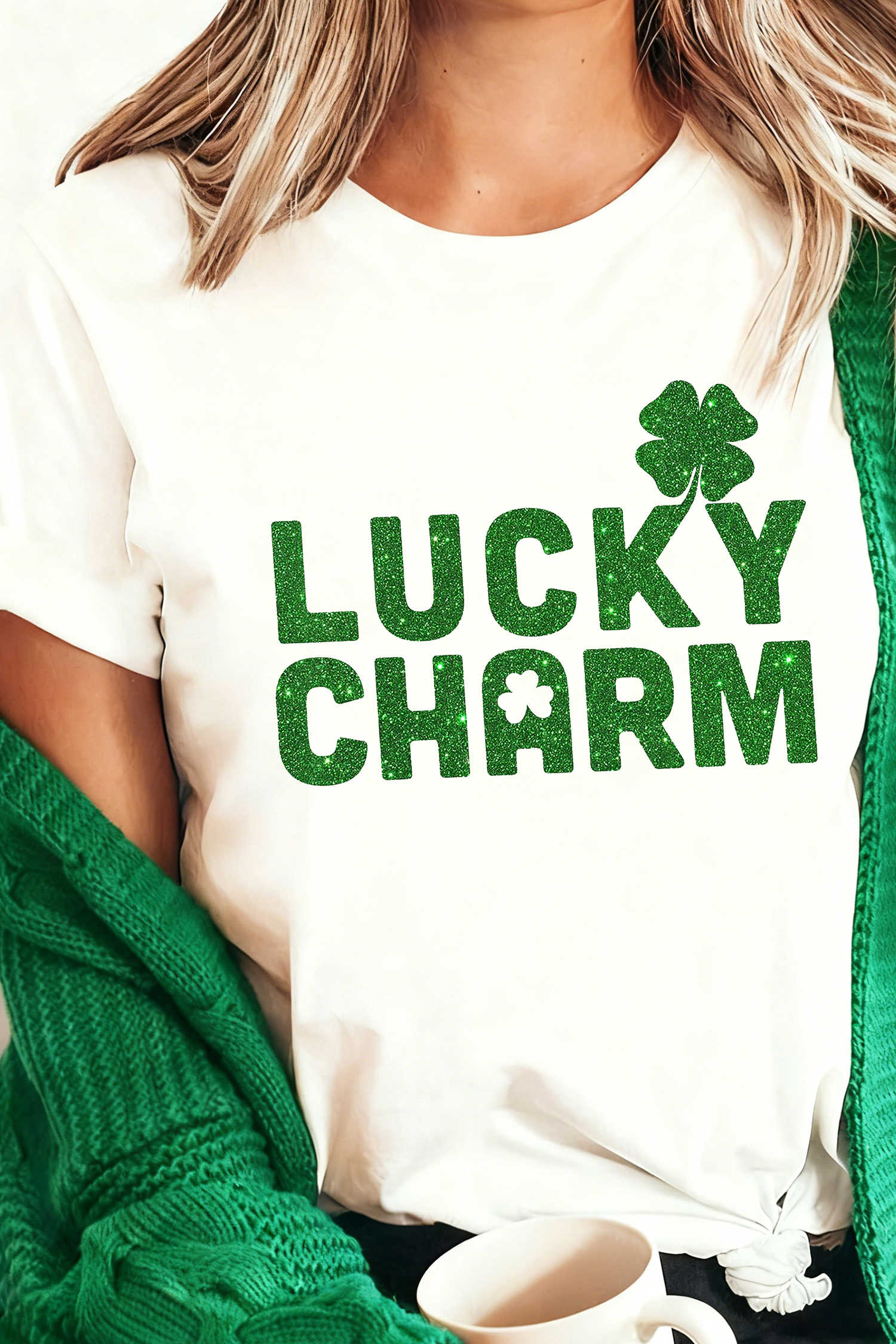 White LUCKY CHARM Shimmery Print St Patricks Day Clover T Shirt