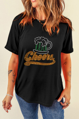 Black Cheers Rhinestone Graphic T Shirt