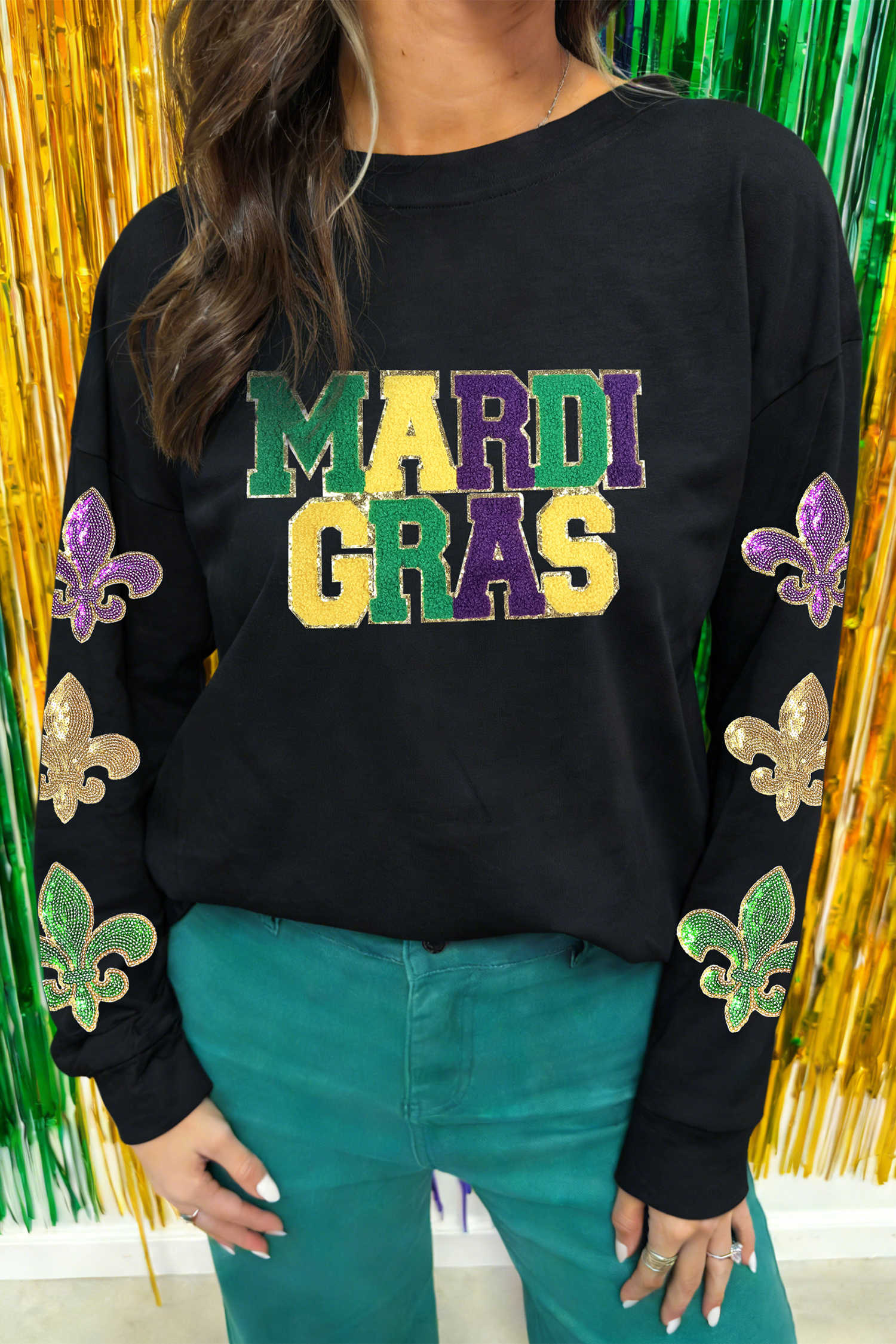 Black Chenille MARDI GRAS Sequin Fleur-de-lis Long Sleeve Top