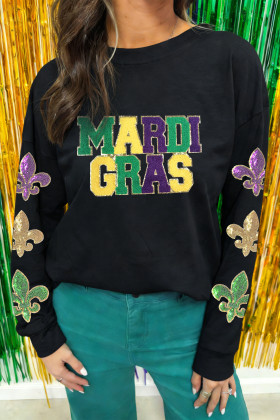Black Chenille MARDI GRAS Sequin Fleur-de-lis Long Sleeve Top
