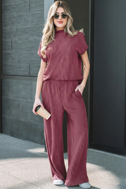 Burgundy Twisted Ribbed High Neck Loose Tee Elastic High Waist Loose Pant Set
