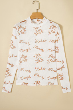 White Howdy Hey Yall Mesh High Neck Long Sleeve Top