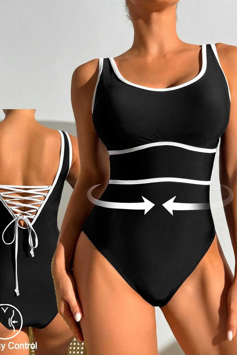 Black Contrast Trim Lace-up Back One Piece Swimsuit