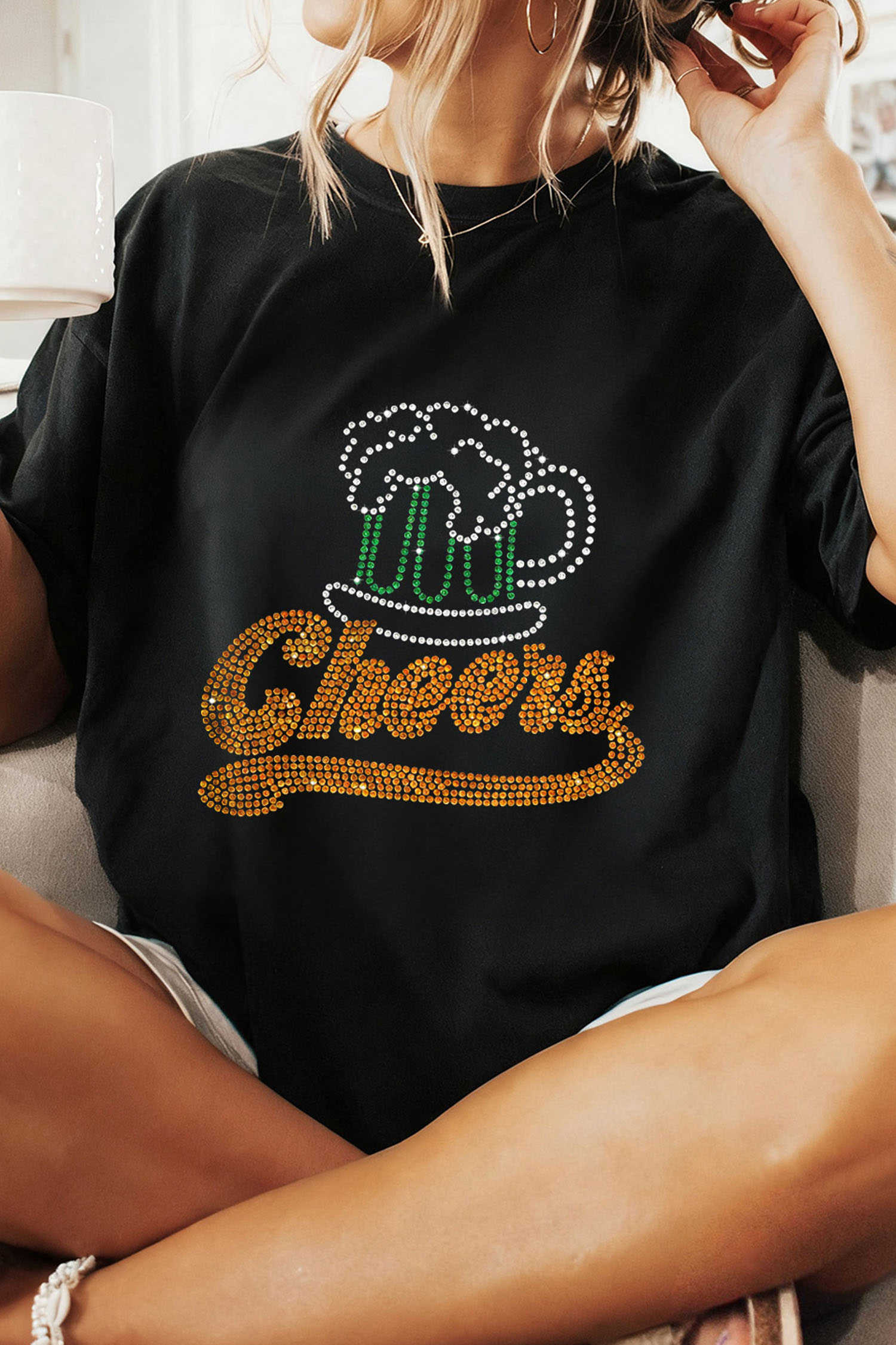 Black Cheers Rhinestone Graphic T Shirt