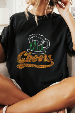 Black Cheers Rhinestone Graphic T Shirt